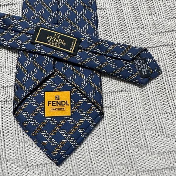 Vintage Fendi navy blue chain plaid Italian silk tie - Picture 3 of 6